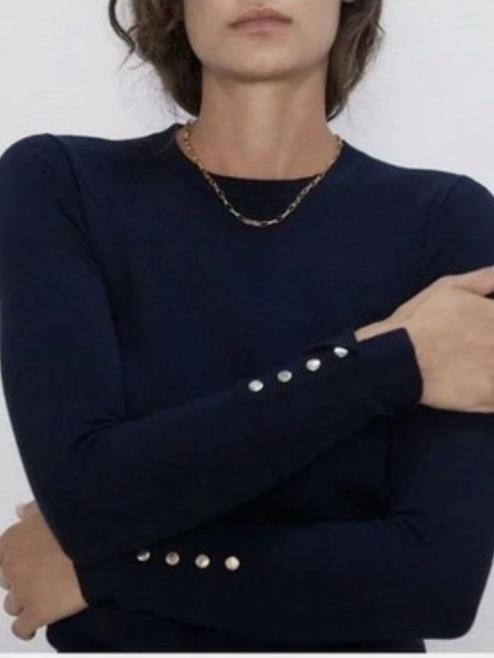 Zara Knit Black Long Sleeve Crew Neck with Gold Button Split Cuffs Size M